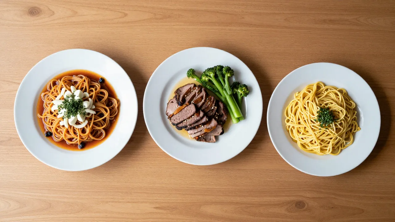 Overhead view of the same dish styled three different ways on three plates across a wooden table, each with different garnishes and props