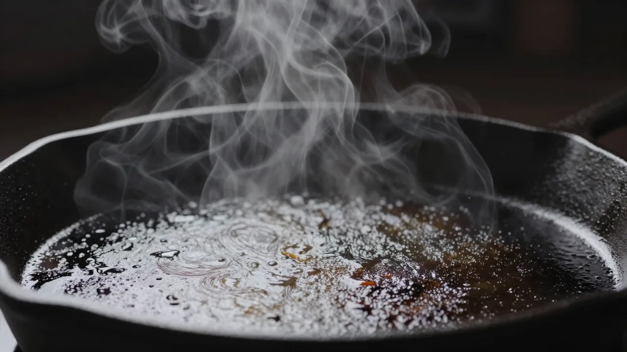 Close-up of a sizzling cast-iron skillet dish with steam rising, backlit against a dark moody background