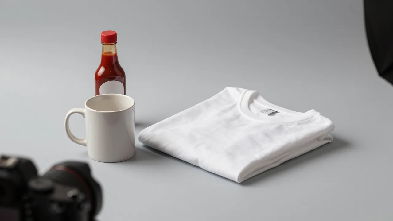 Product photography setup with a plain ceramic mug, a folded blank t-shirt, and a sauce bottle on a seamless backdrop under studio lighting