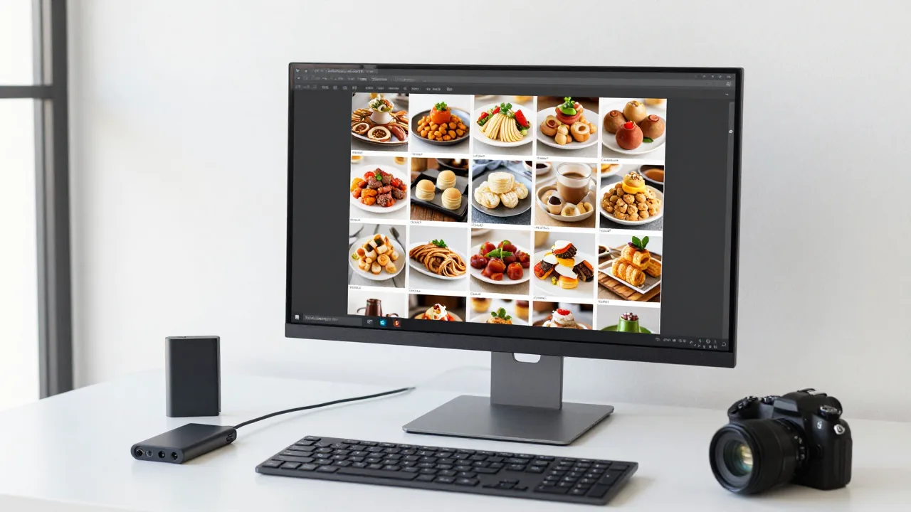 Marketing coordinator at a desk reviewing a grid of food image thumbnails on a large monitor, with an external drive and camera beside the keyboard