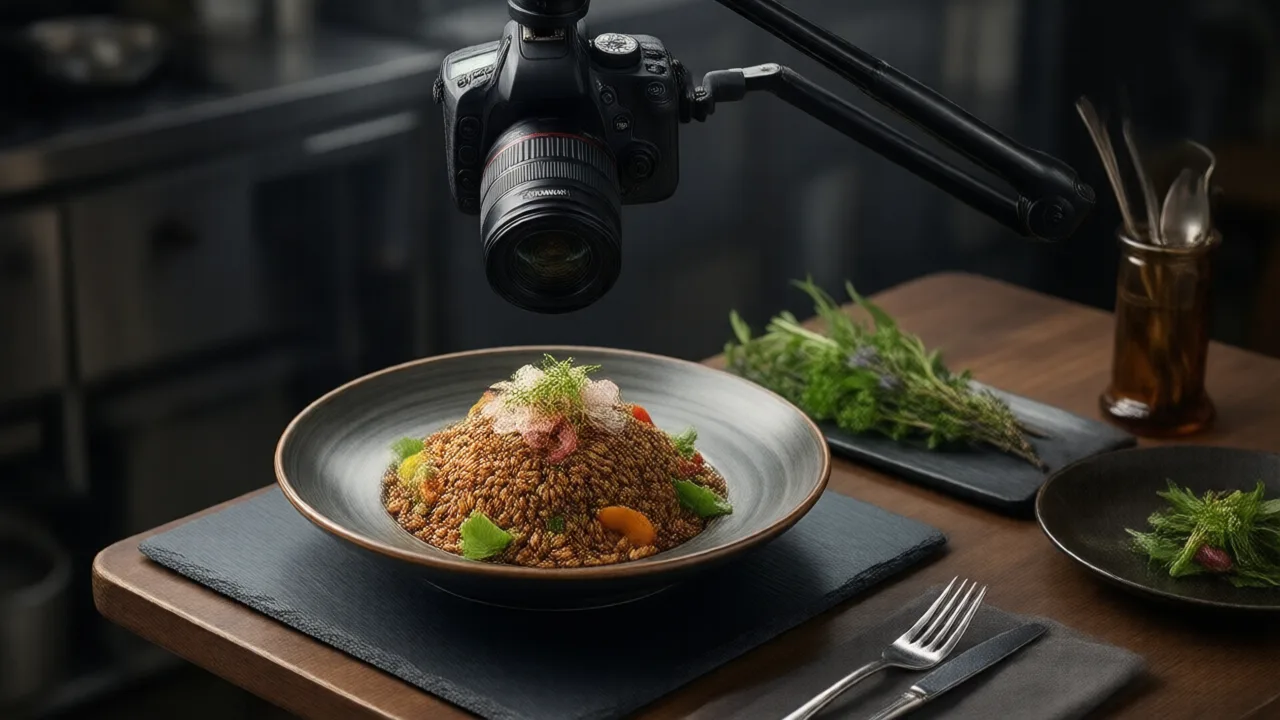 Overhead food photography studio setup with a camera on a tripod arm shooting straight down at a styled grain bowl on dark slate, sharp from front to back