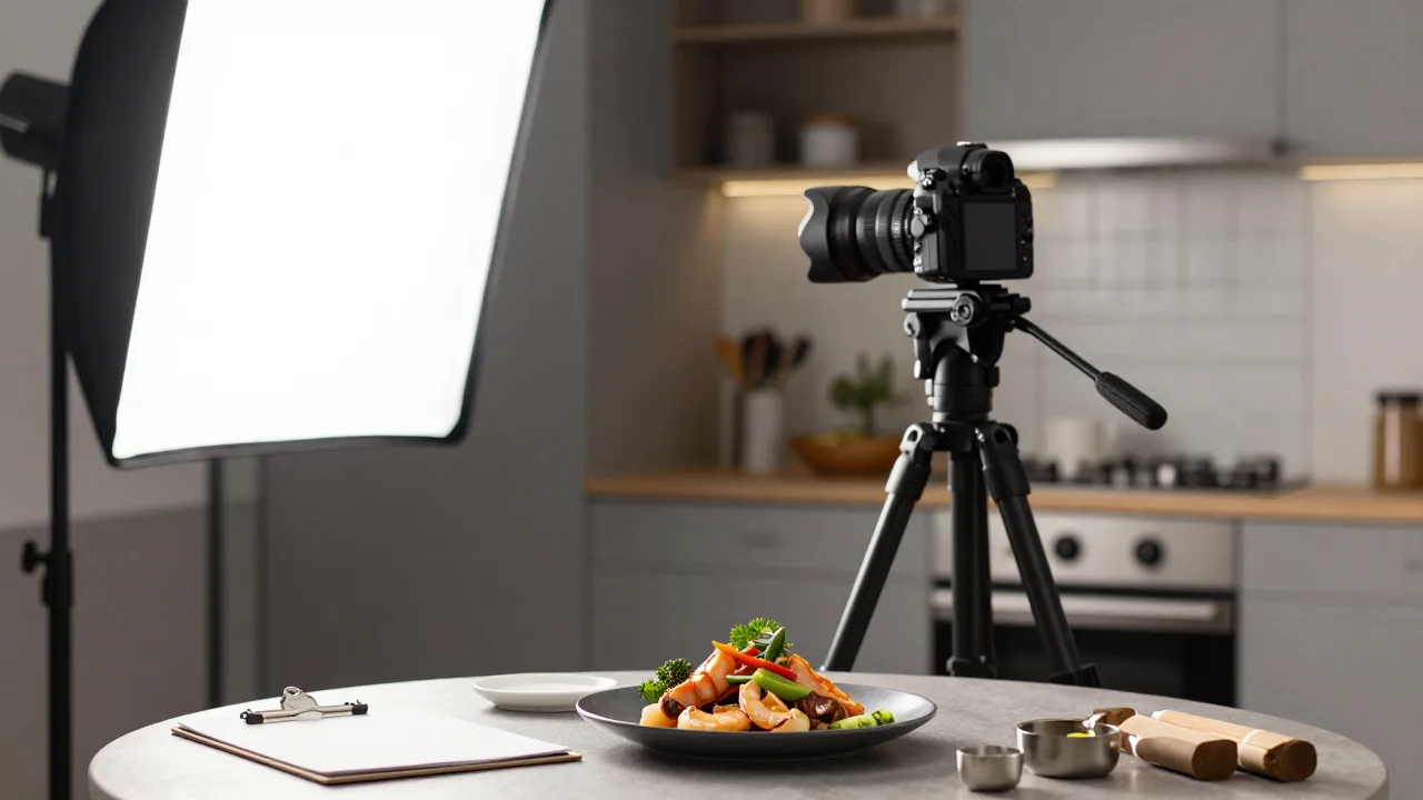 Food photography set inside a restaurant kitchen with a camera on a tripod above a styled plate, a softbox light, and props on a side table
